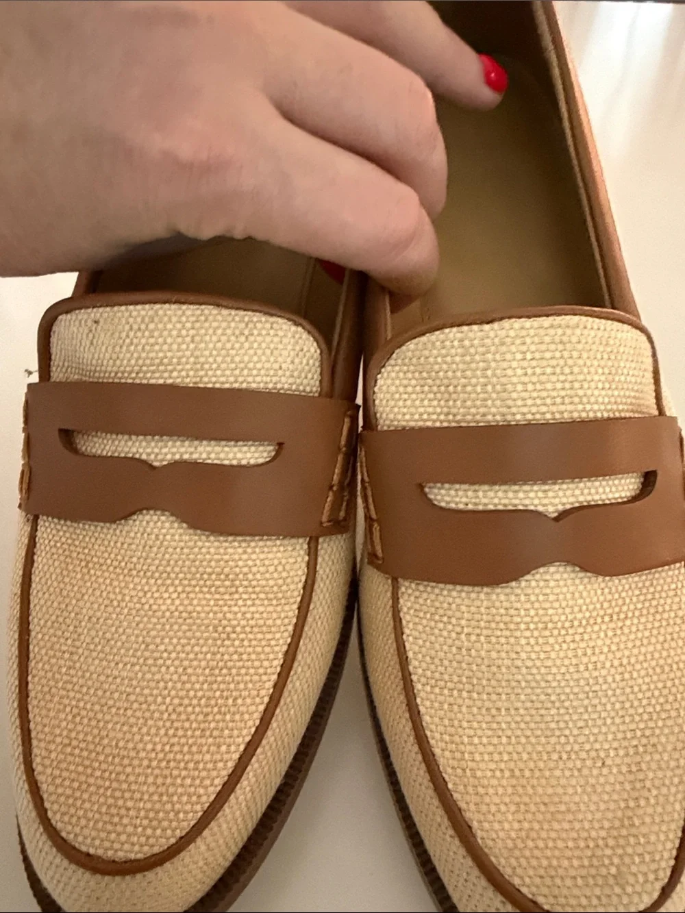 J. Crew Cream Canvas and Brown Leather Penny Loafers